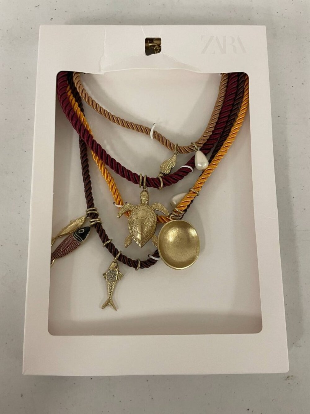 ZARA Multi-Strand Cord Necklace Sea Turtle Fish Charm Boho Nautical Jewelry New